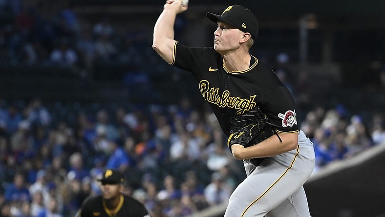 Sep 20, 2023; Chicago, Illinois, USA; Pittsburgh Pirates starting pitcher Mitch Keller (23) delivers the ball against the Chicago Cubs during the first inning at Wrigley Field. Mandatory Credit: Matt Marton-USA TODAY Sports