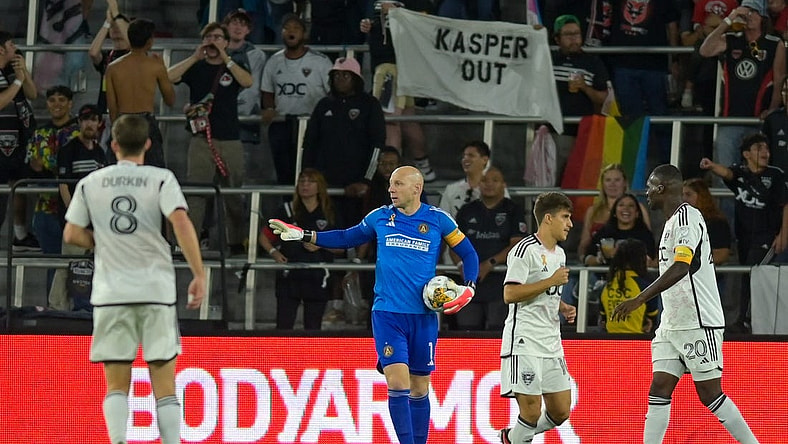 Sep 20, 2023; Washington, District of Columbia, USA; Atlanta United goalkeeper Brad Guzan (1) collects a loose ball during the first half against the D.C. United at Audi Field. Mandatory Credit: Tommy Gilligan-USA TODAY Sports