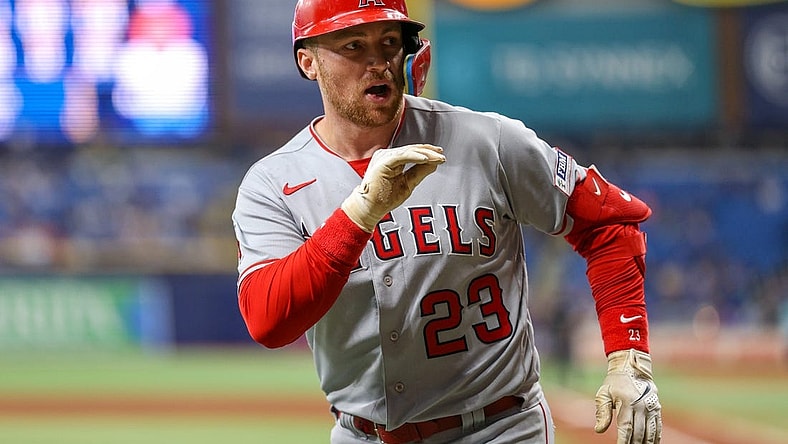 Sep 20, 2023; St. Petersburg, Florida, USA;  Los Angeles Angels designated hitter Brandon Drury (23) reacts after hitting a two run home run against the Tampa Bay Rays in the sixth inning at Tropicana Field. Mandatory Credit: Nathan Ray Seebeck-USA TODAY Sports