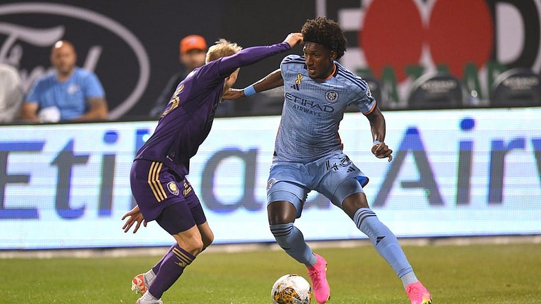 Sep 20, 2023; Queens, New York, USA; New York City FC forward Talles Magno (43) tries to get past Orlando City SC midfielder Dagur Dan Thorhallsson (23) during the second half at Citi Field. Mandatory Credit: John Jones-USA TODAY Sports