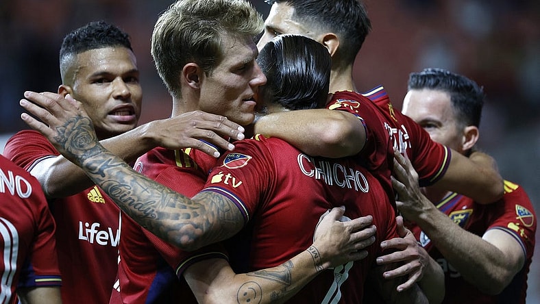 Sep 20, 2023; Sandy, Utah, USA; Real Salt Lake forward Chicho Arango (9) is congratulated after his first half goal against the FC Dallas at America First Field. Mandatory Credit: Jeff Swinger-USA TODAY Sports