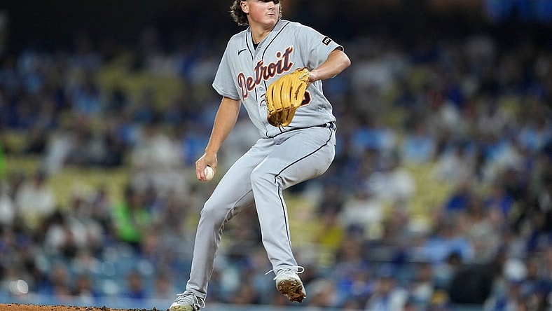 Sep 20, 2023; Los Angeles, California, USA; Detroit Tigers starting pitcher Reese Olson (45) throws in the third inning against the Los Angeles Dodgers at Dodger Stadium. Mandatory Credit: Kirby Lee-USA TODAY Sports