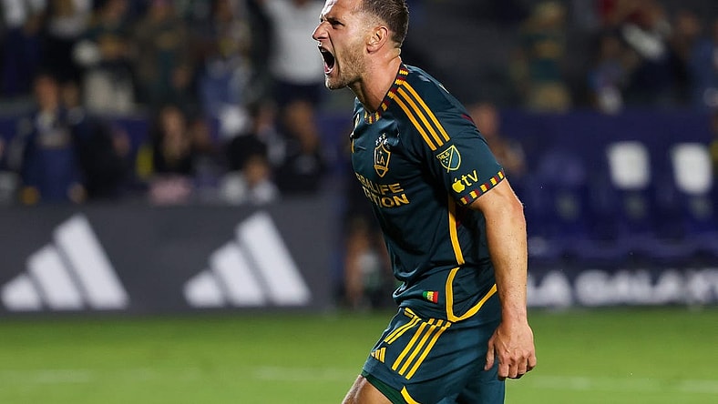 Sep 20, 2023; Carson, California, USA; Los Angeles Galaxy forward Billy Sharp (27) reacts to scoring a goal during the second half against Minnesota United FC at Dignity Health Sports Park. Mandatory Credit: Kiyoshi Mio-USA TODAY Sports