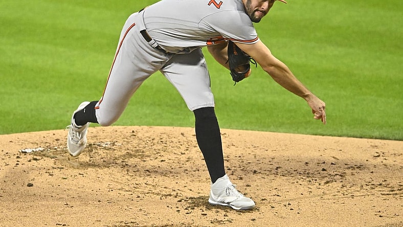 Sep 21, 2023; Cleveland, Ohio, USA; Baltimore Orioles starting pitcher Grayson Rodriguez (30) follows through on a pitch in the second inning against the Cleveland Guardians at Progressive Field. Mandatory Credit: David Richard-USA TODAY Sports