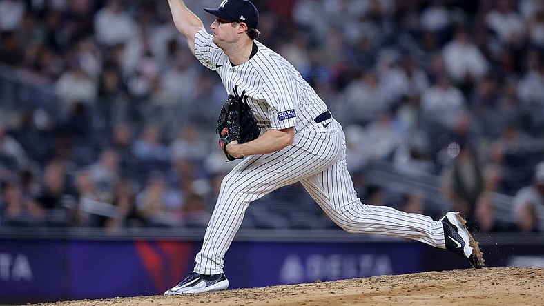Sep 21, 2023; Bronx, New York, USA; New York Yankees starting pitcher Gerrit Cole (45) pitches against the Toronto Blue Jays during the fifth inning at Yankee Stadium. Mandatory Credit: Brad Penner-USA TODAY Sports