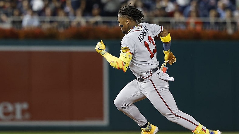 Sep 21, 2023; Washington, District of Columbia, USA; Atlanta Braves right fielder Ronald Acuna Jr. (13) rounds the bases after hitting a triple against the Washington Nationals during the third inning at Nationals Park. Mandatory Credit: Geoff Burke-USA TODAY Sports