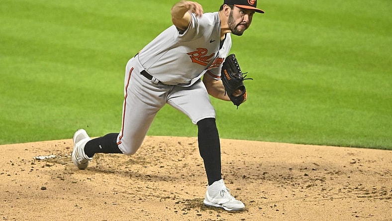 Sep 21, 2023; Cleveland, Ohio, USA; Baltimore Orioles starting pitcher Grayson Rodriguez (30) delivers a pitch in the second inning against the Cleveland Guardians at Progressive Field. Mandatory Credit: David Richard-USA TODAY Sports