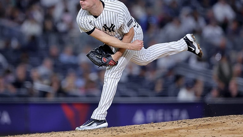 Sep 21, 2023; Bronx, New York, USA; New York Yankees starting pitcher Gerrit Cole (45) follows through on a pitch against the Toronto Blue Jays during the fifth inning at Yankee Stadium. Mandatory Credit: Brad Penner-USA TODAY Sports
