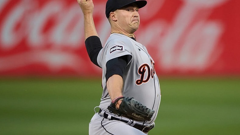 Sep 21, 2023; Oakland, California, USA; Detroit Tigers starting pitcher Tarik Skubal (29) throws a pitch against the Oakland Athletics during the first inning at Oakland-Alameda County Coliseum. Mandatory Credit: Robert Edwards-USA TODAY Sports