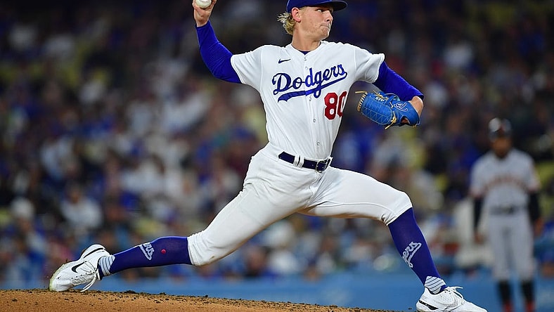 Sep 21, 2023; Los Angeles, California, USA; Los Angeles Dodgers starting pitcher Emmet Sheehan (80) throws against the San Francisco Giants during the fifth inning at Dodger Stadium. Mandatory Credit: Gary A. Vasquez-USA TODAY Sports