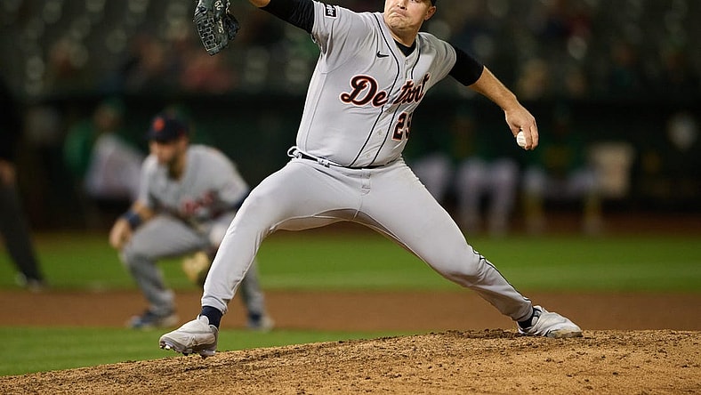 Sep 21, 2023; Oakland, California, USA; Detroit Tigers pitcher Tarik Skubal (29) throws a pitch against the Oakland Athletics during the sixth inning at Oakland-Alameda County Coliseum. Mandatory Credit: Robert Edwards-USA TODAY Sports