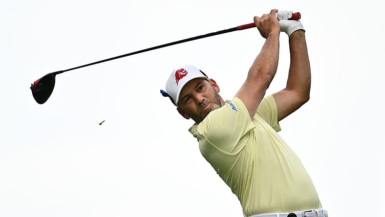 Sep 22, 2023; Sugar Grove, Illinois, USA; Sergio Garcia tees off from the third tee box during the first round of the LIV Golf Chicago golf tournament at Rich Harvest Farms. Mandatory Credit: Jamie Sabau-USA TODAY Sports