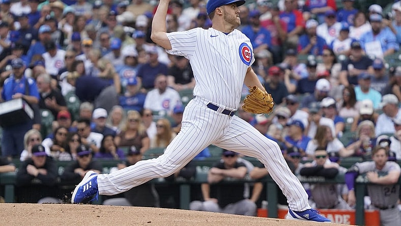Sep 22, 2023; Chicago, Illinois, USA; Chicago Cubs starting pitcher Jameson Taillon (50) throws the ball against the Colorado Rockies during the first inning at Wrigley Field. Mandatory Credit: David Banks-USA TODAY Sports