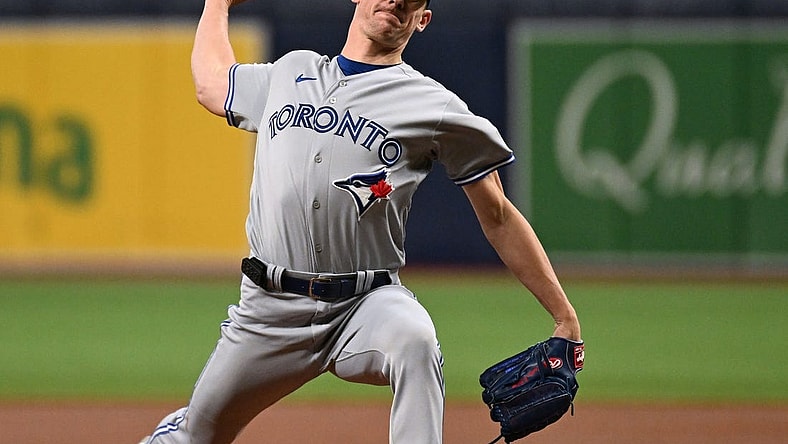 Sep 22, 2023; St. Petersburg, Florida, USA; Toronto Blue Jays pitcher Chris Bassitt (40) throws a pitch in the first inning against the Tampa Bay Rays at Tropicana Field. Mandatory Credit: Jonathan Dyer-USA TODAY Sports