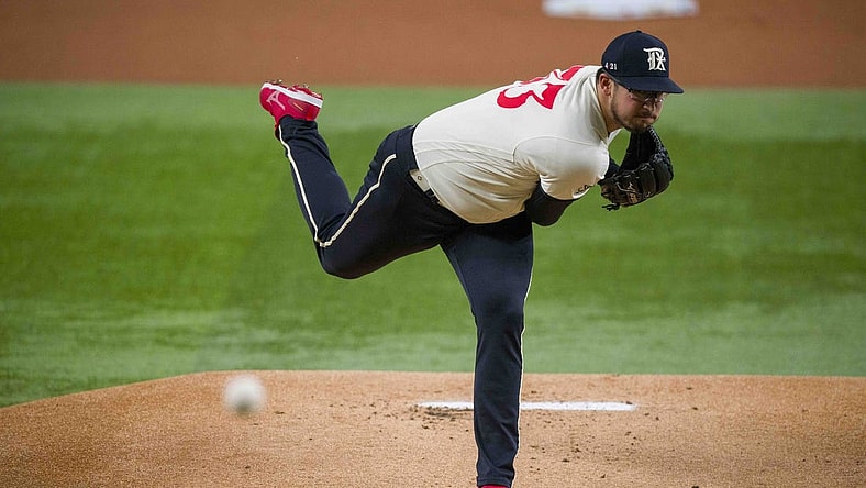 Sep 22, 2023; Arlington, Texas, USA; Texas Rangers starting pitcher Dane Dunning (33) pitches against the Seattle Mariners during the first inning at Globe Life Field. Mandatory Credit: Jerome Miron-USA TODAY Sports