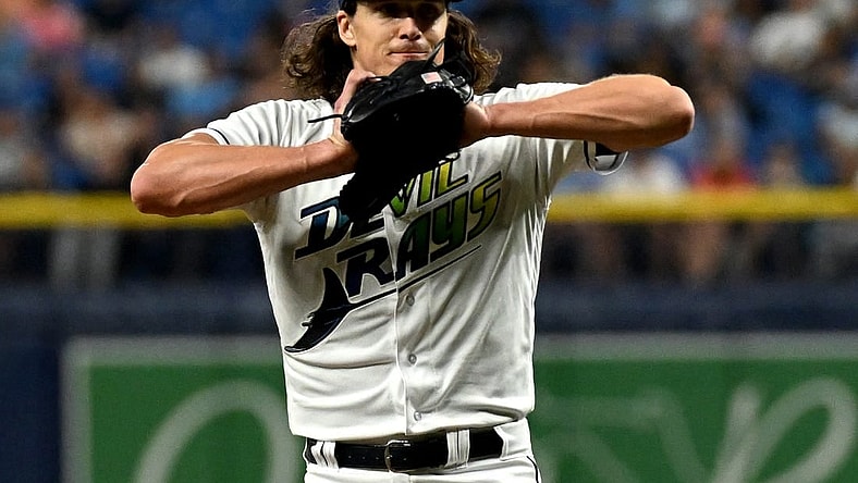 Sep 22, 2023; St. Petersburg, Florida, USA; Tampa Bay Rays pitcher Tyler Glasnow (20) reacts after walking in a run in the sixth inning against the Toronto Blue Jays at Tropicana Field. Mandatory Credit: Jonathan Dyer-USA TODAY Sports