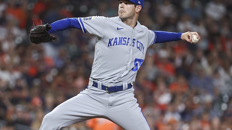 Sep 22, 2023; Houston, Texas, USA; Kansas City Royals starting pitcher Cole Ragans (55) delivers a pitch during the first inning against the Houston Astros at Minute Maid Park. Mandatory Credit: Troy Taormina-USA TODAY Sports