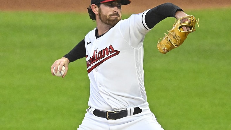 Sep 22, 2023; Cleveland, Ohio, USA; Cleveland Guardians starting pitcher Shane Bieber (57) delivers a pitch in the first inning against the Baltimore Orioles at Progressive Field. Mandatory Credit: David Richard-USA TODAY Sports