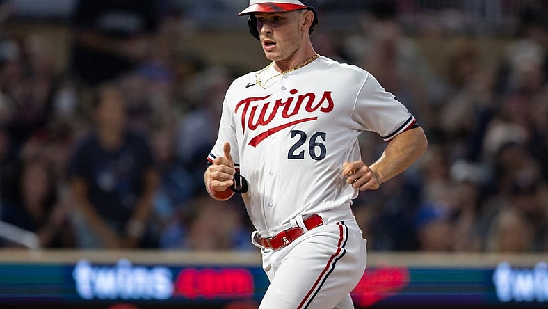 Sep 22, 2023; Minneapolis, Minnesota, USA; Minnesota Twins right fielder Max Kepler (26) scores during the second inning against the Los Angeles Angels at Target Field. Mandatory Credit: Jordan Johnson-USA TODAY Sports