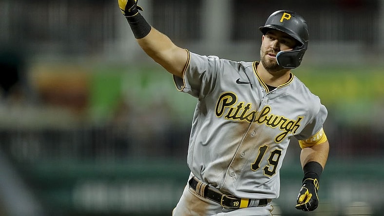 Sep 22, 2023; Cincinnati, Ohio, USA; Pittsburgh Pirates second baseman Jared Triolo (19) reacts after hitting a solo home run in the sixth inning against the Cincinnati Reds at Great American Ball Park. Mandatory Credit: Katie Stratman-USA TODAY Sports