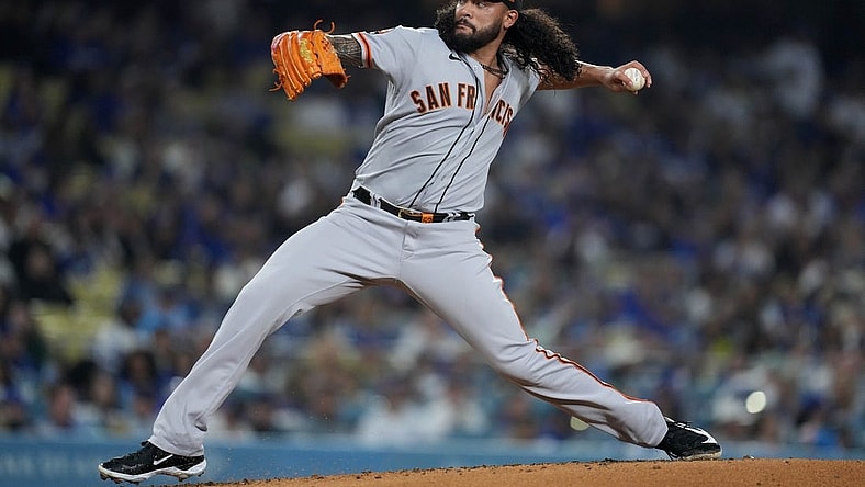 Sep 22, 2023; Los Angeles, California, USA; San Francisco Giants pitcher Sean Manaea (52) throws in the second inning against the Los Angeles Dodgers at Dodger Stadium. Mandatory Credit: Kirby Lee-USA TODAY Sports