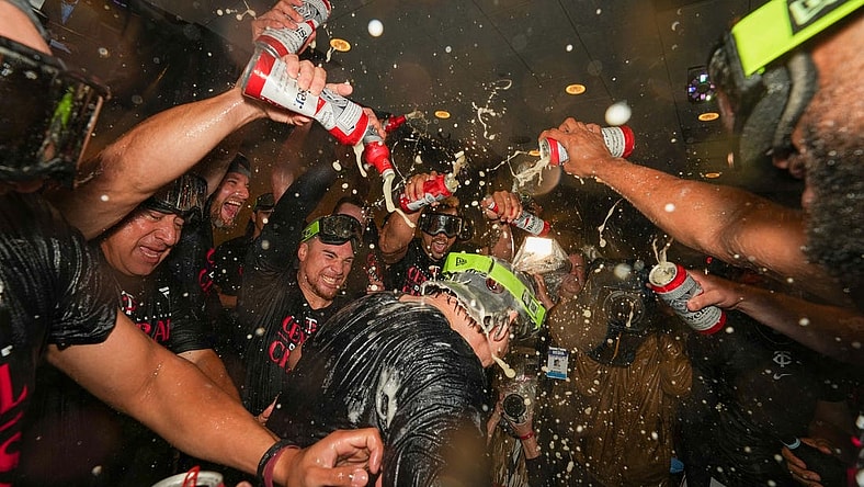 Sep 22, 2023; Minneapolis, Minnesota, USA; Minnesota Twins celebrate after defeating the Los Angeles Angels to clinch American League Central Division title at Target Field. Mandatory Credit: Jordan Johnson-USA TODAY Sports