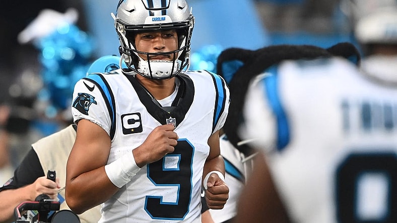 Sep 18, 2023; Charlotte, North Carolina, USA; Carolina Panthers quarterback Bryce Young (9) runs on to the field before the game at Bank of America Stadium. Mandatory Credit: Bob Donnan-USA TODAY Sports