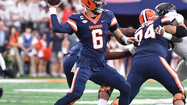 Sep 23, 2023; Syracuse, New York, USA; Syracuse Orange quarterback Garrett Shrader (6) throws a pass in the first quarter against the Army Black Knights at the JMA Wireless Dome. Mandatory Credit: Mark Konezny-USA TODAY Sports