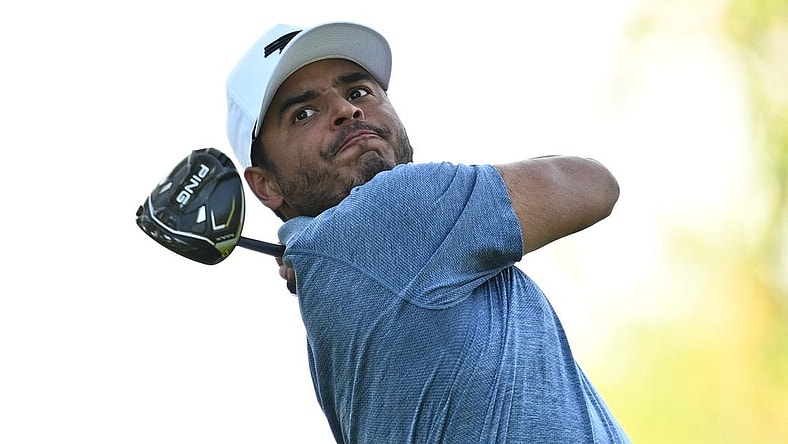 Sep 23, 2023; Sugar Grove, Illinois, USA; Sebastian Munoz tees off from the third tee during the second round of the LIV Golf Chicago golf tournament at Rich Harvest Farms. Mandatory Credit: Jamie Sabau-USA TODAY Sports
