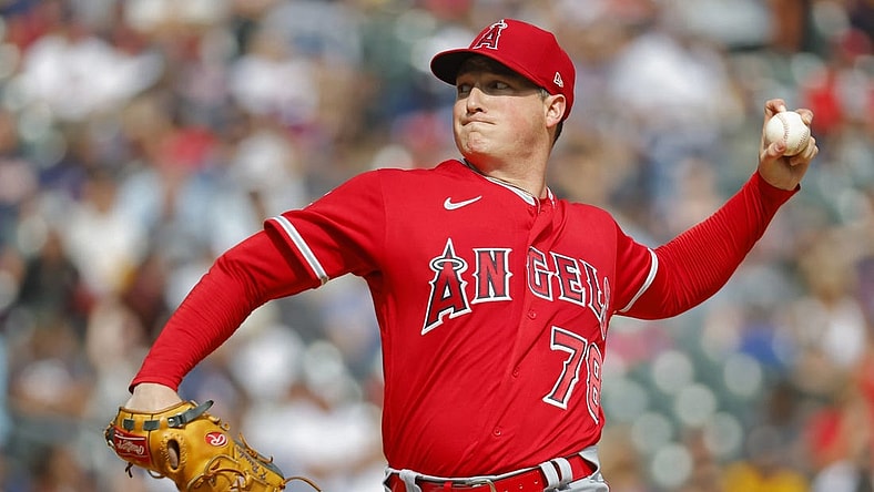 Sep 23, 2023; Minneapolis, Minnesota, USA; Los Angeles Angels starting pitcher Kenny Rosenberg (78) throws against the Minnesota Twins in the second inning at Target Field. Mandatory Credit: Bruce Kluckhohn-USA TODAY Sports