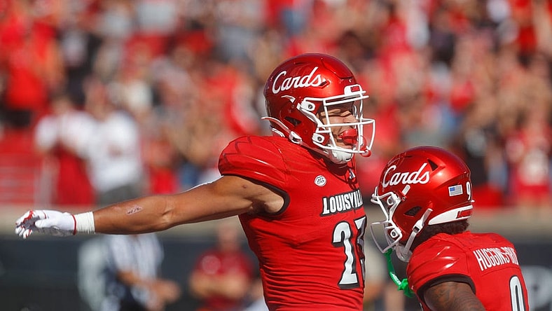 Louisville   s Ahmari Huggins-Bruce celebrates scoring a touchdown with Isaac Guerendo against Boston College Saturday afternoon in L & N Stadium.
Sept. 23, 2023