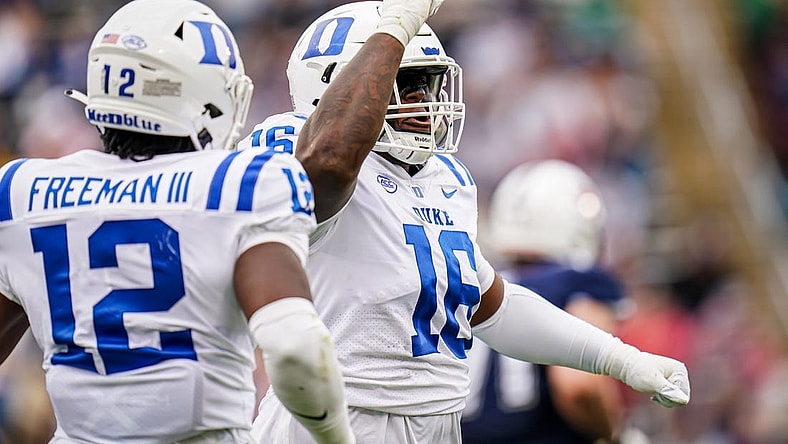 Sep 23, 2023; East Hartford, Connecticut, USA; Duke Blue Devils defensive tackle Aeneas Peebles (16) reacts after sacking UConn Huskies quarterback Ta'Quan Roberson (6) (not pictured) in the second quarter at Rentschler Field at Pratt & Whitney Stadium. Mandatory Credit: David Butler II-USA TODAY Sports