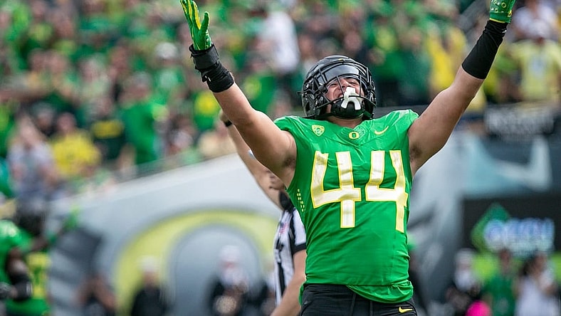 Oregon outside linebacker Teitum Tuioti celebrates a sack as the Oregon Ducks host Colorado in the Pac-12 opener Saturday, Sept. 23, 2023, at Autzen Stadium in Eugene, Ore.