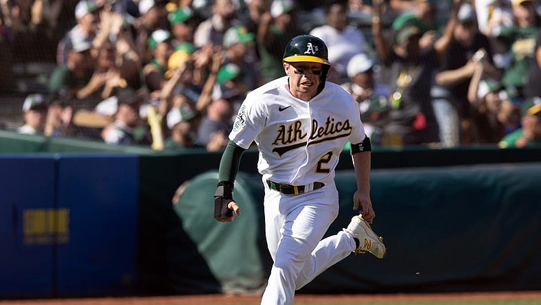 Sep 23, 2023; Oakland, California, USA; Oakland Athletics shortstop Nick Allen (2) scores on a double by Ryan Node against the Detroit Tigers during the eighth inning at Oakland-Alameda County Coliseum. Mandatory Credit: D. Ross Cameron-USA TODAY Sports