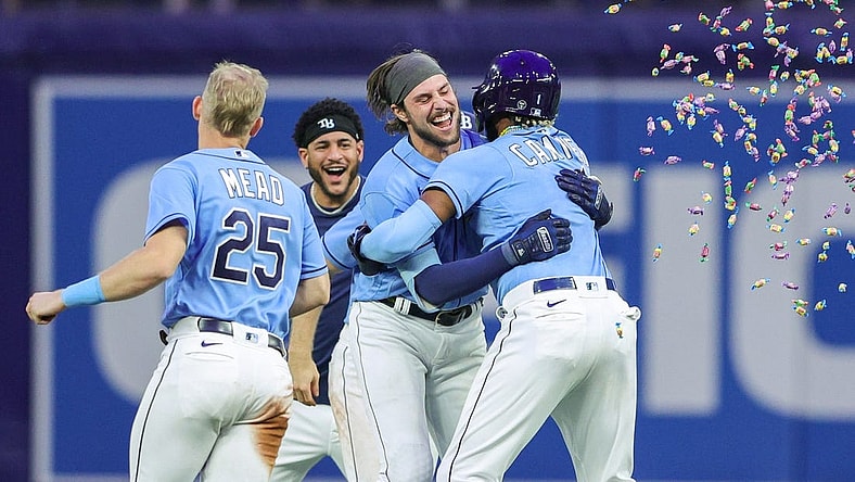 Sep 23, 2023; St. Petersburg, Florida, USA; Tampa Bay Rays right fielder Josh Lowe (15) celebrates after hitting a walk off single against the Toronto Blue Jays in the ninth inning at Tropicana Field. Mandatory Credit: Nathan Ray Seebeck-USA TODAY Sports