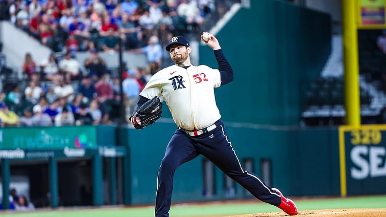 Sep 23, 2023; Arlington, Texas, USA; Texas Rangers starting pitcher Jordan Montgomery (52) throws during the first inning against the Seattle Mariners at Globe Life Field. Mandatory Credit: Kevin Jairaj-USA TODAY Sports