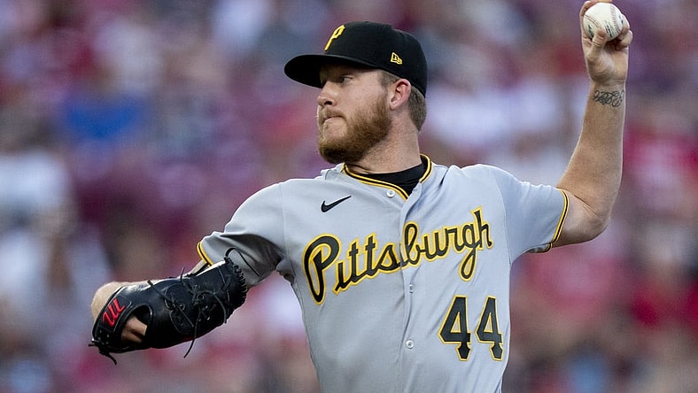 Sep 23, 2023; Cincinnati, Ohio, USA; Pittsburgh Pirates starting pitcher Bailey Falter (44) pitches in the first inning against the Cincinnati Reds at Great American Ball Park. Mandatory Credit: The Cincinnati Enquirer-USA TODAY Sports