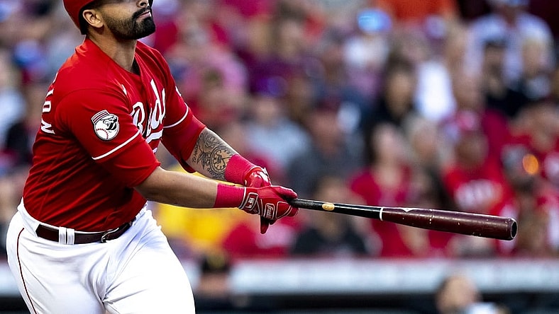 Sep 23, 2023; Cincinnati, Ohio, USA; Cincinnati Reds designated hitter Christian Encarnacion-Strand (33) watches his ball leave the park for a 2-run home run in the first inning against the Pittsburgh Pirates at Great American Ball Park. Mandatory Credit: The Cincinnati Enquirer-USA TODAY Sports