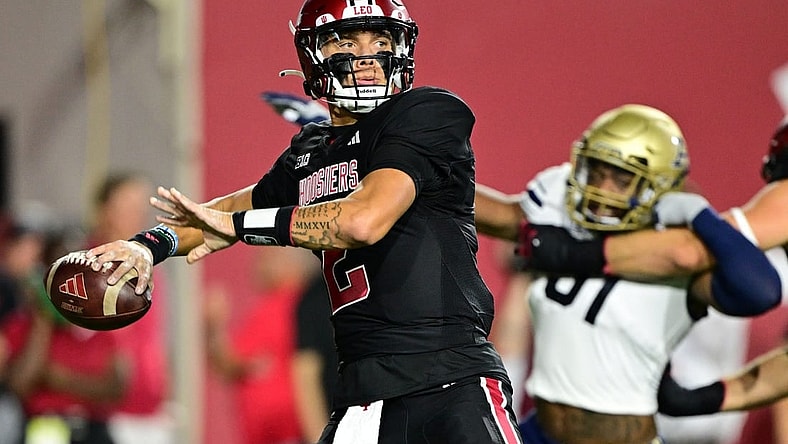 Sep 23, 2023; Bloomington, Indiana, USA; Indiana Hoosiers quarterback Tayven Jackson (2) throws a pass during the first quarter of the game against the Akron Zips at Memorial Stadium. Mandatory Credit: Marc Lebryk-USA TODAY Sports