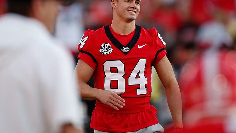 Georgia wide receiver Ladd McConkey (84) looks on during warm ups before the start of the Bulldogs' game against UAB in Athens, Ga., on Saturday, Sept. 23, 2023.