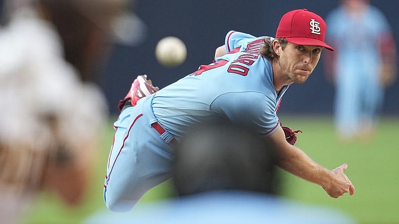 Sep 23, 2023; San Diego, California, USA; St. Louis Cardinals starting pitcher Jake Woodford (44) throws a pitch against the San Diego Padres during the first inning at Petco Park. Mandatory Credit: Ray Acevedo-USA TODAY Sports