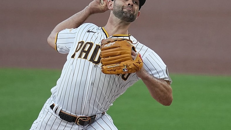Sep 23, 2023; San Diego, California, USA; San Diego Padres starting pitcher Nick Martinez (21) throws a pitch against the St. Louis Cardinals during the first inning at Petco Park. Mandatory Credit: Ray Acevedo-USA TODAY Sports