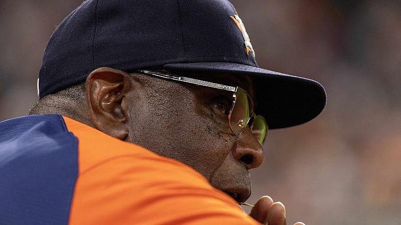 Sep 23, 2023; Houston, Texas, USA; Houston Astros manager Dusty Baker Jr. (12) watches the Astros batt against the Kansas City Royals in the ninth inning at Minute Maid Park. Mandatory Credit: Thomas Shea-USA TODAY Sports