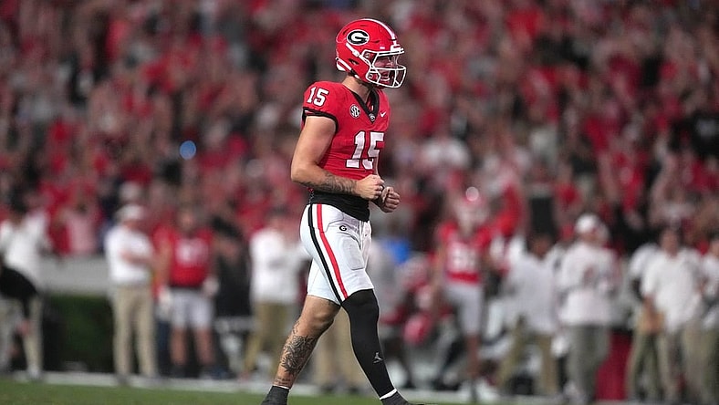 Sep 23, 2023; Athens, Georgia, USA; Georgia Bulldogs quarterback Carson Beck (15) reacts after a touchdown against the UAB Blazers in the second half at Sanford Stadium. Mandatory Credit: Kirby Lee-USA TODAY Sports