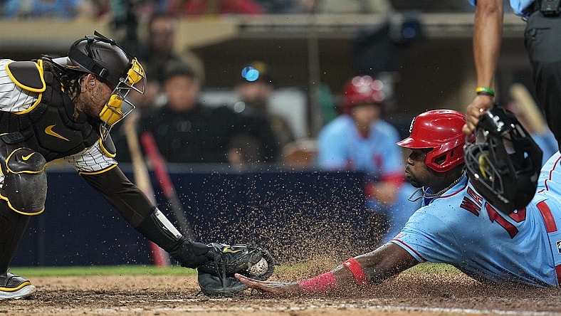 Sep 23, 2023; San Diego, California, USA; St. Louis Cardinals right fielder Jordan Walker (18) scores on a sacrifice fly by catcher Andrew Knizner (not pictured) against the San Diego Padres during the eleventh inning at Petco Park. Mandatory Credit: Ray Acevedo-USA TODAY Sports