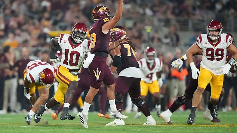 Sep 23, 2023; Tempe, Arizona, USA; Arizona State Sun Devils quarterback Drew Pyne (10) throws against the USC Trojans during the second half at Mountain America Stadium, Home of the ASU Sun Devils. Mandatory Credit: Joe Camporeale-USA TODAY Sports