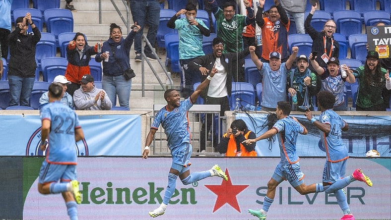 Sep 24, 2023; Harrison, New Jersey, USA; New York City FC midfielder Andres Perea (15) celebrates his goal during the first half against Toronto FC at Red Bull Arena. Mandatory Credit: Mark Smith-USA TODAY Sports