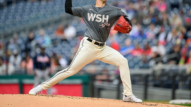 Sep 24, 2023; Washington, District of Columbia, USA; Washington Nationals starting pitcher Jackson Rutledge (79) throws a pitch during the second inning against the Atlanta Braves at Nationals Park. Mandatory Credit: Reggie Hildred-USA TODAY Sports