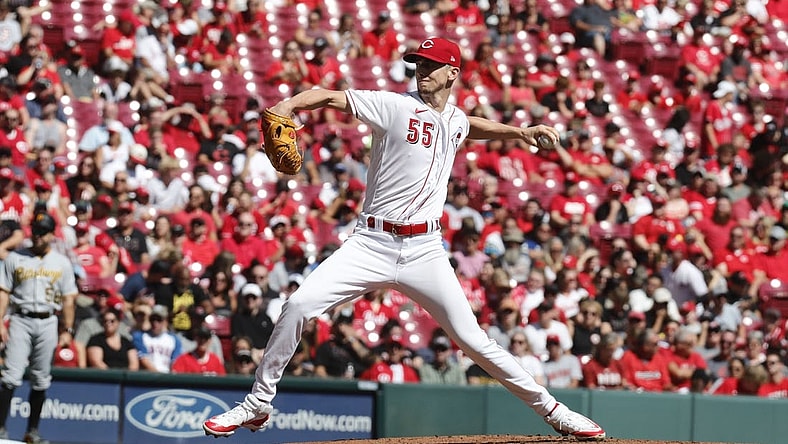 Sep 24, 2023; Cincinnati, Ohio, USA; Cincinnati Reds starting pitcher Brandon Williamson (55) throws against the Pittsburgh Pirates during the first inning at Great American Ball Park. Mandatory Credit: David Kohl-USA TODAY Sports