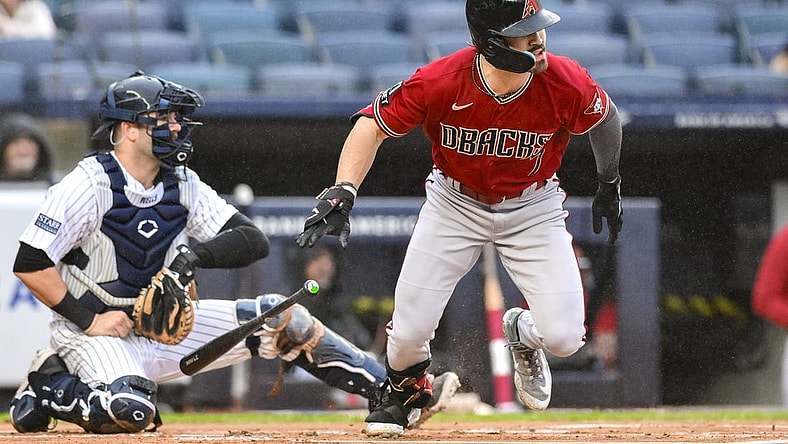 Sep 24, 2023; Bronx, New York, USA; Arizona Diamondbacks left fielder Corbin Carroll (7) hits a double against the New York Yankees during the first inning at Yankee Stadium. Mandatory Credit: John Jones-USA TODAY Sports